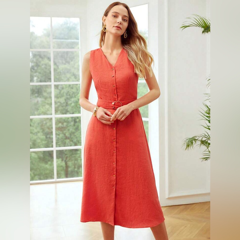 Bloomingdale's Coral Sleeveless Button-Front Midi Dress